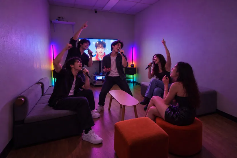 A group of friends cheering and singing together at On Air