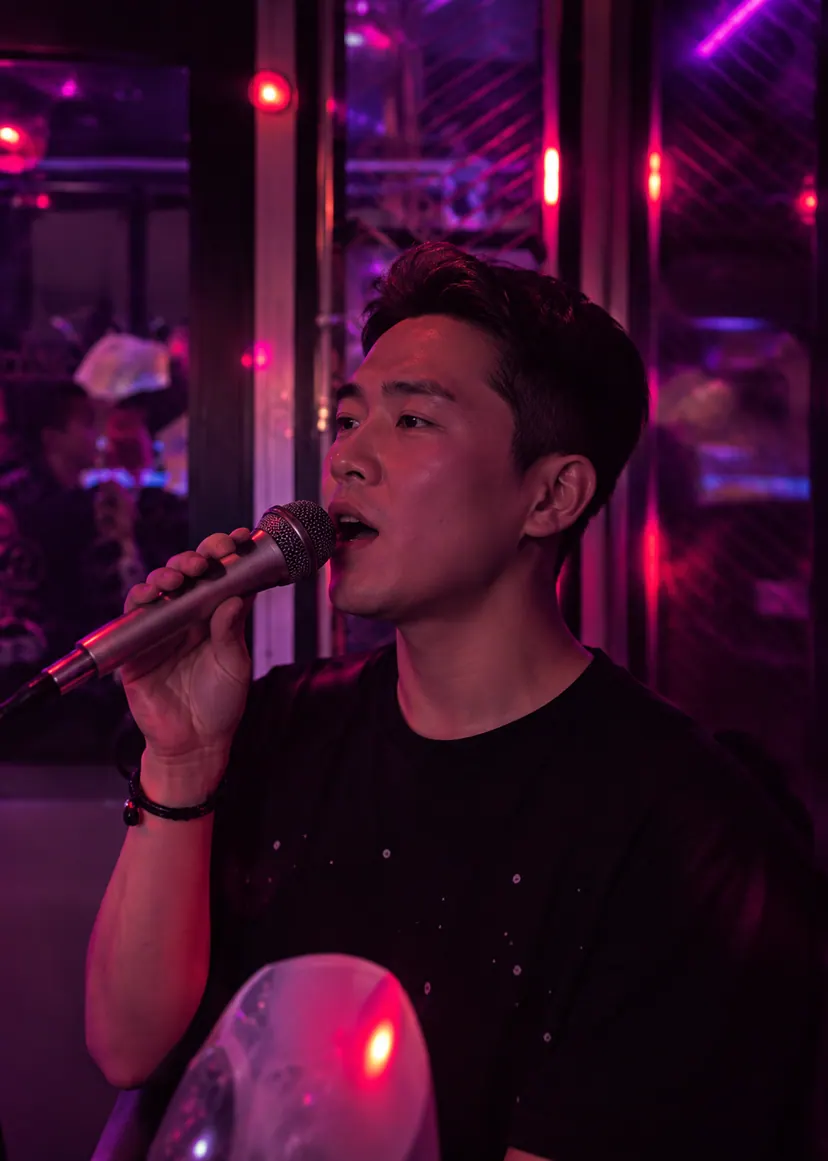 A guest singing into the mic inside an On Air private booth